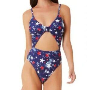 California Waves Splatter Star Knotted Front CutOut One Piece Swimsuit Blue L